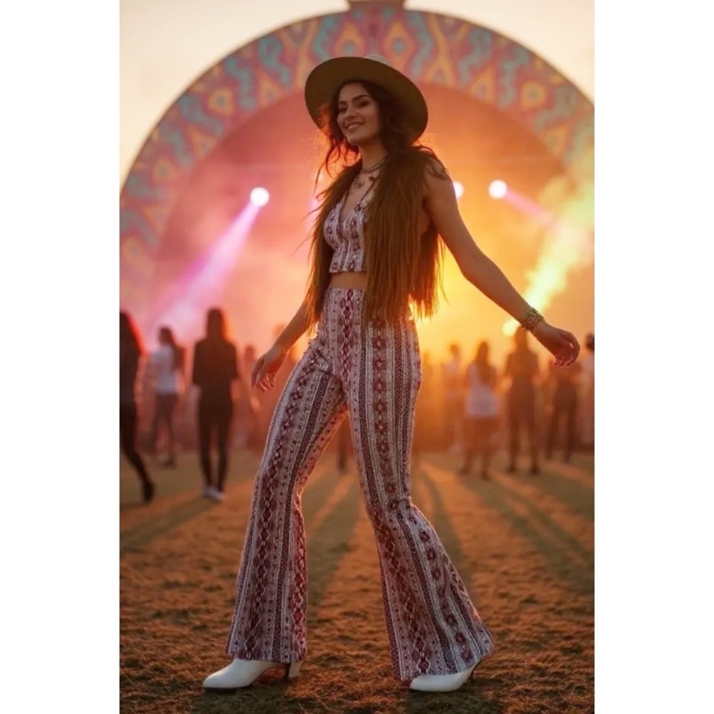 GiGio Burgundy Retro Print Flare Pants | Stretch High Rise | Fall Boho Statement - Picture 3 of 11